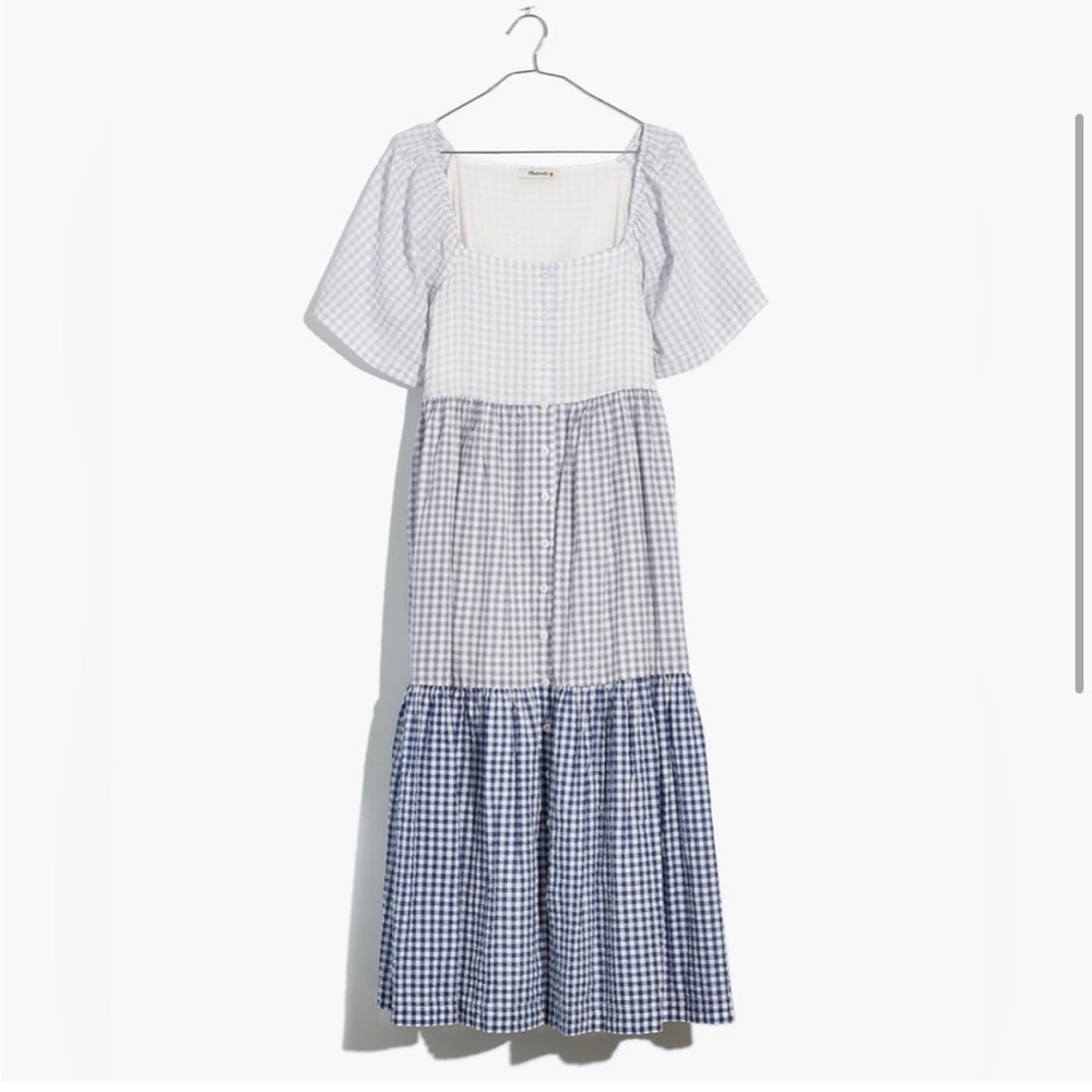 Madewell Patchwork Gingham Button-Front Tiered Midi Dress